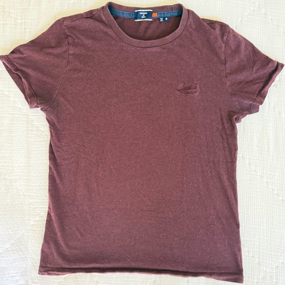 Superdry Men’s T-Shirt M Burgundy Embroidered Logo Crew Neck Cotton Blend